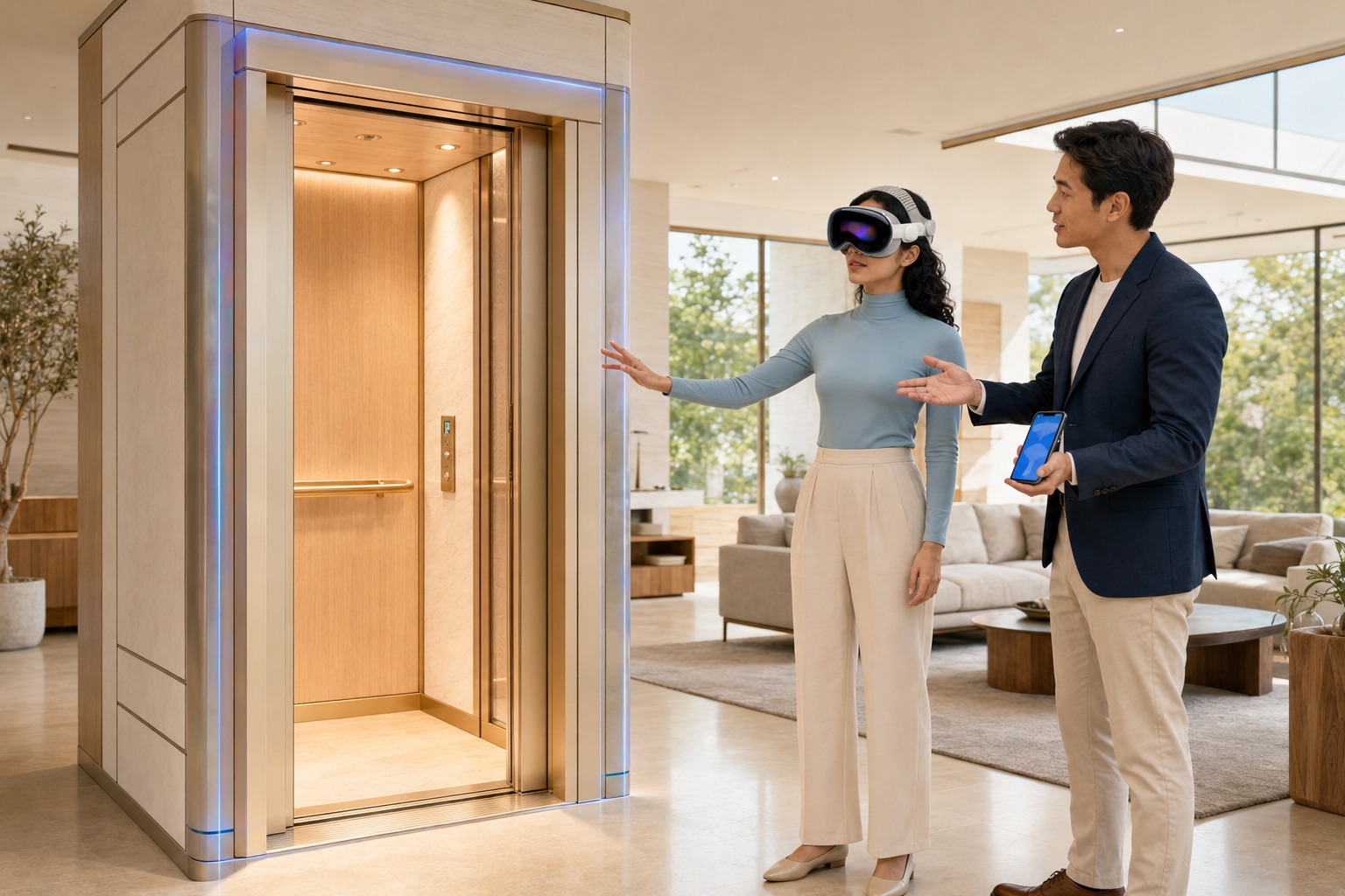 A full-scale XR elevator standing in a real home